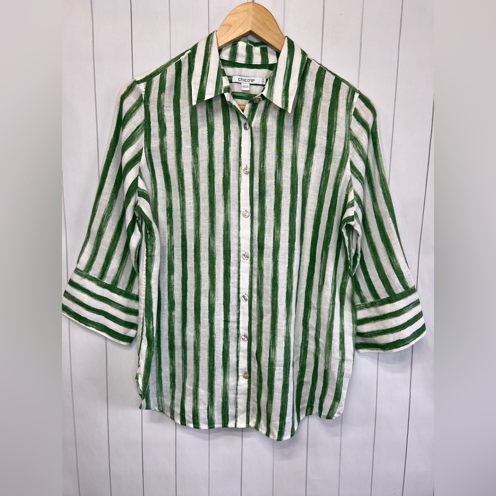 Chico’s - 100% Linen Striped 3/4 Sleeve Button Down - Size 4